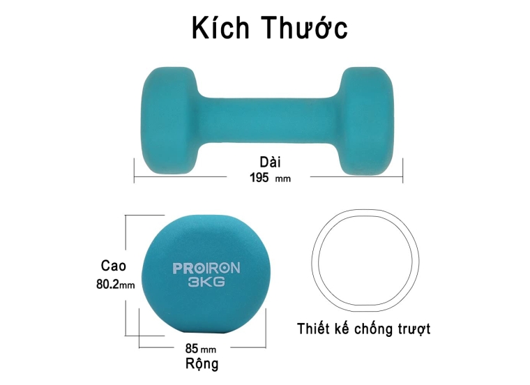 TẠ TAY NHÚNG NHỰA NHÁM- 1KG- MÀU XANH